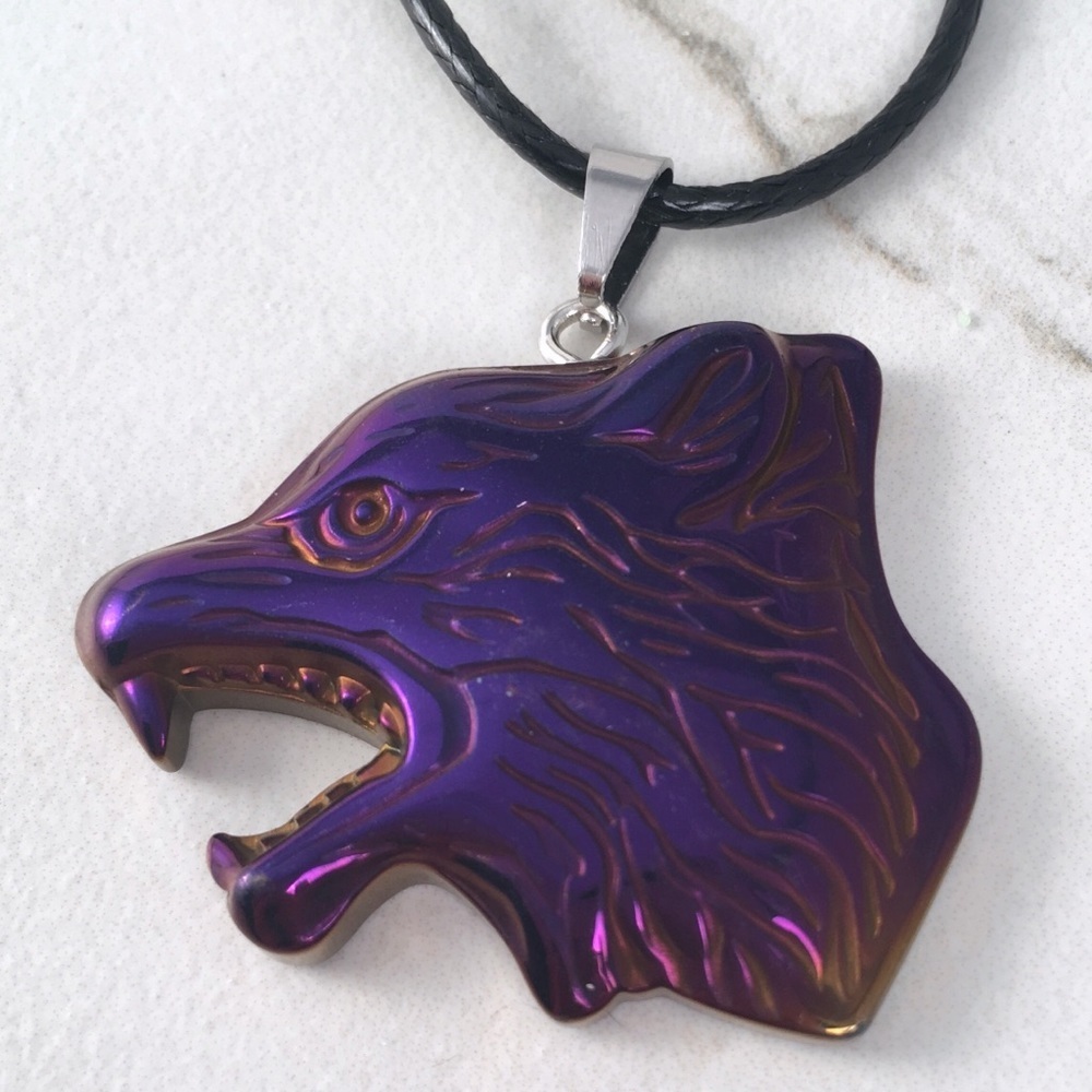 New Carved Purple Hematite Wolf Head Pendant Necklace
